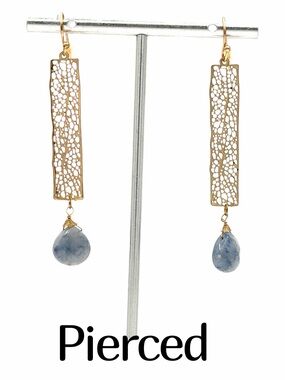 NEW Labradorite Agate Ammonite Stone Water Drop Shape Gold Tone Bar Earrings